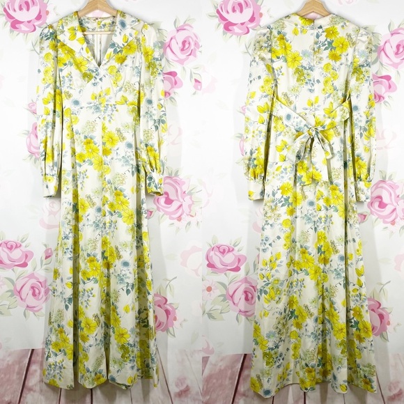 Vintage Dresses & Skirts - Vintage Handmade Floral Print Empire Cut Tie Maxi Dress XS